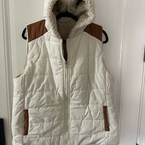 White and Brown Reversible Hooded Puffer Vest